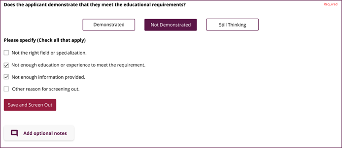A screenshot of the assessment record of decision prototype. The prototyped aimed to allow managers to record their assessment decisions in a consistent and reliable way to ensure fairness and proper documentation. The manager could select whether the applicant met the criteria, and the reason behind their decision. Reasoning was organized such that the manager could select from a predetermined list or write their own custom entry to help alleviate decision paralysis.