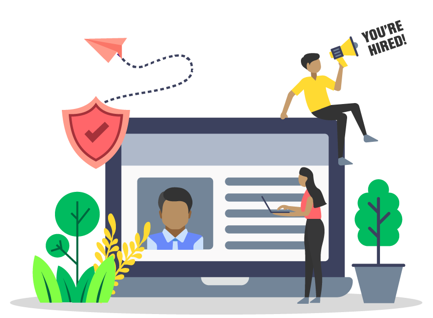 A graphic showcasing a variety of objects that represent hiring finalization, including an applicant profile, a shield with a checkmark, and a person saying 'You're hired!'.