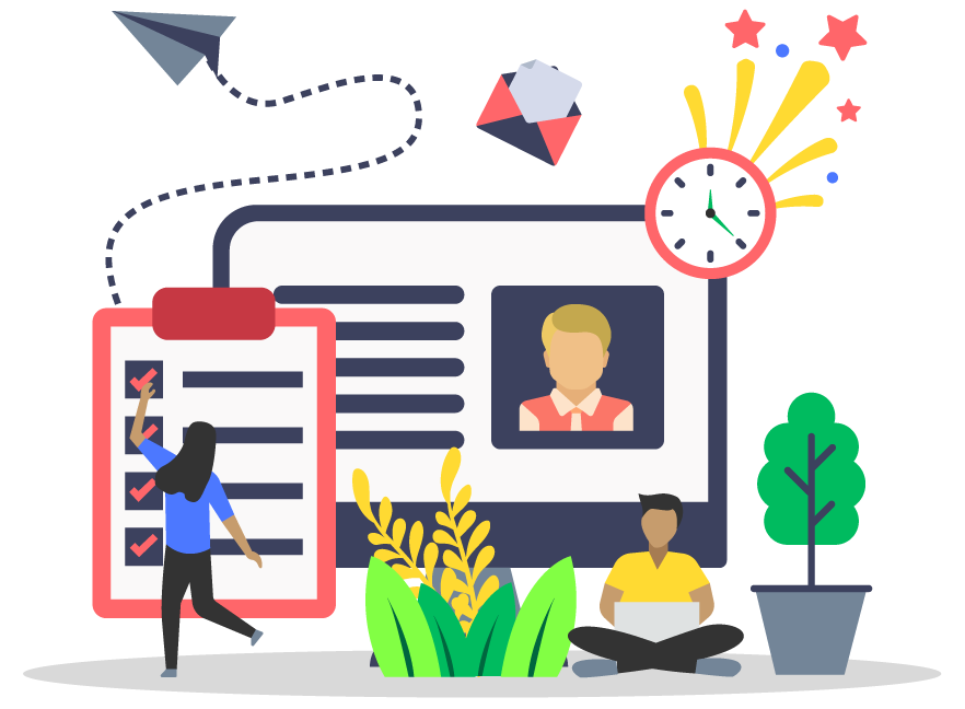 A graphic showcasing a variety of objects that represent the job posting process, including a checklist, a person's profile, and a clock.