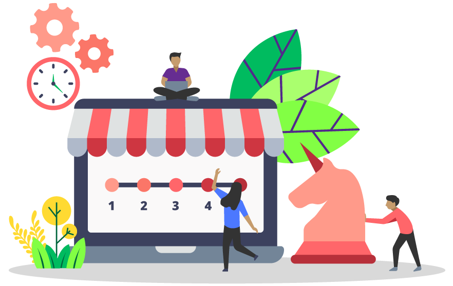 A graphic showcasing a variety of objects that represent the application process, including a chess piece, a timeline, and a clock.