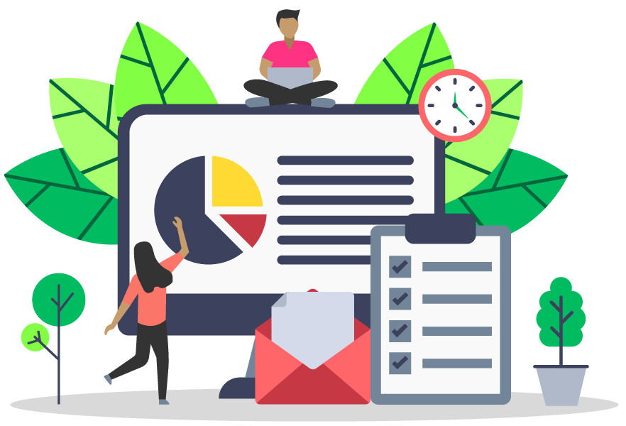 A graphic showcasing a variety of objects that represent the assessment process, including a checklist, a mail envelope, and graphs and charts.