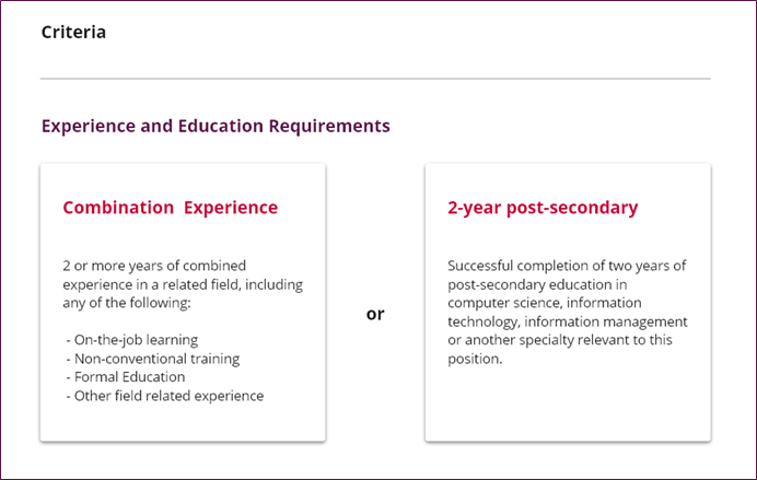 A screenshot of the third iteration of the education requirement information that is presented to applicants when they browse a job post. This iteration re-orders the options so that equivalent experience, now labelled 