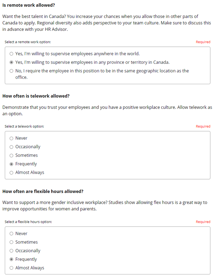 A screenshot of Talent Cloud's Job Poster Builder interface, where managers can indicate whether remote work, telework, and flexible hours are allowed for the position.