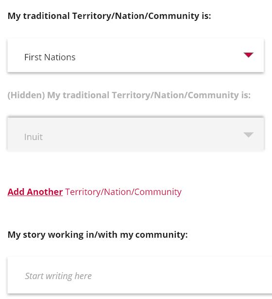 A screenshot that showcases the interface that allows Indigenous users to identify their traditional territories, nations, or communities, as well as optionally share their story working in their community.
