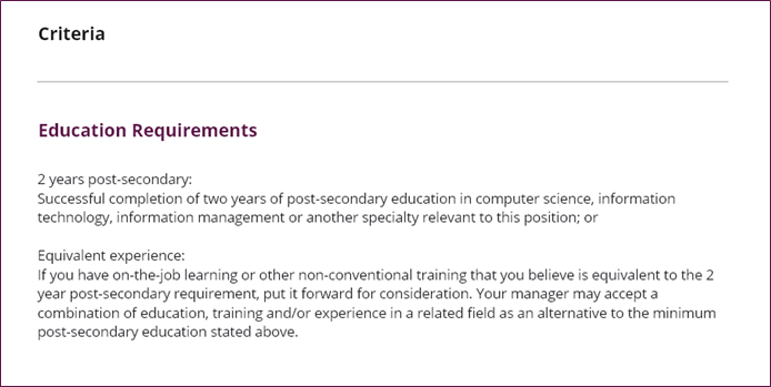 A screenshot the showcases the first iteration of the education requirement information that is presented to applicants when they browse a job post. This interface has the education requirement stacked above the alternative equivalent experience requirement.