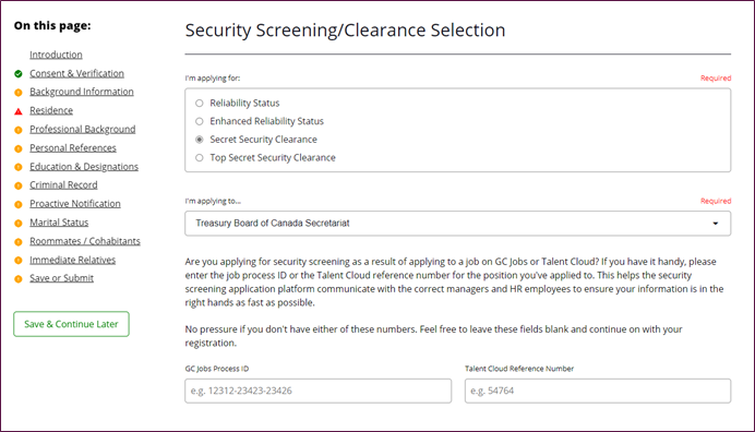 A screenshot of the security clearance application interface that highlights how the form would be organized. This image showcases how the user could select between a variety of levels to apply for, and how the form would react to accommodate the complexity of each of those levels.
