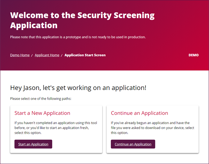 A screenshot of Talent Cloud's proposed landing page for a security clearance application website. This interface showcases how applicants could choose to start an application from scratch, or continue an application they had previously been working on.