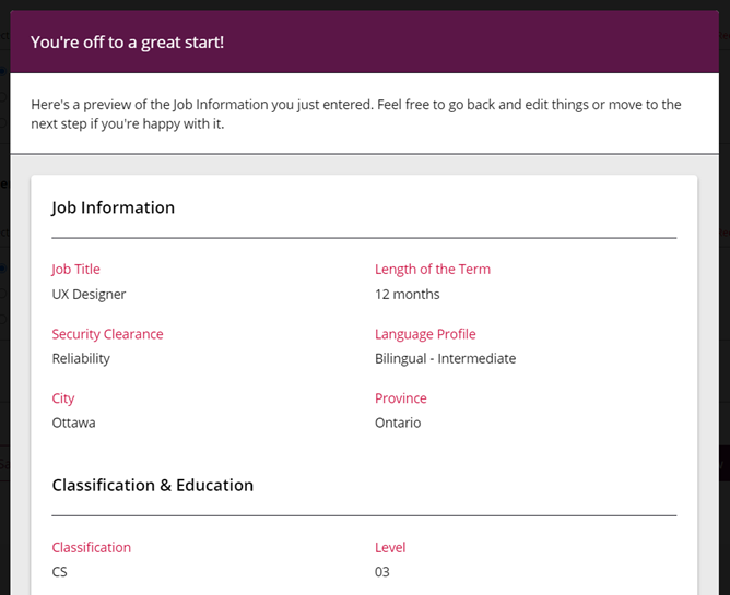 A screenshot of the preview that is presented to managers after they complete the job information step. These previews offer a sense of completion and gratification to the manager to encourage them to continue with the job post.