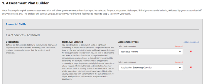 A screenshot of the assessment plan builder tool offered to managers. The interface showcases how skills are automatically populated for the manager based on those they selected for their job poster. Definitions for the skill and the level they selected are both presented here for quick reference, alonside the ability to select from a variety of assessments for that skill.