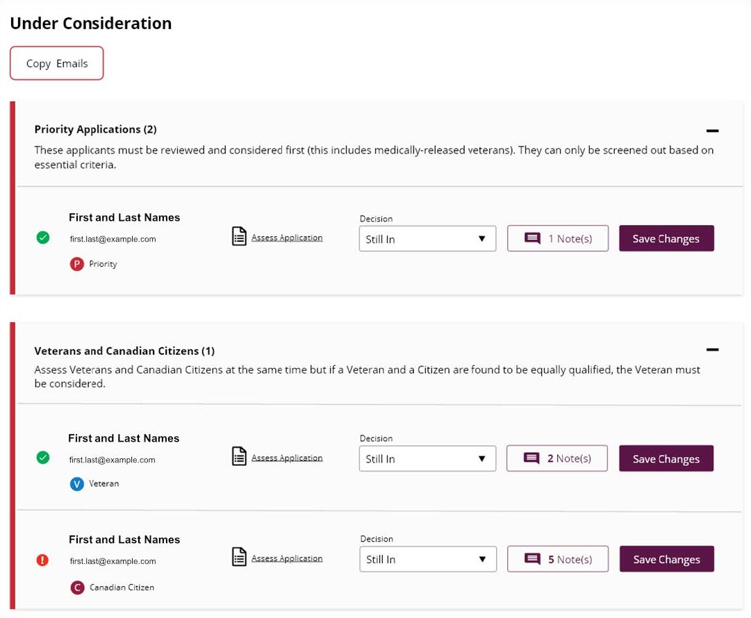 A screenshot of Talent Cloud's applicant management interface. It showcases how priority applicants are placed into a separate category at the top of the interface to help managers better identify who needs to be reviewed first.