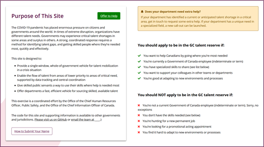 A screenshot of the GC Talent Reserve's homepage content. The content was designed and written to be as clear as possible to ensure that the correct audience used the tool under the restricted pandemic circumstances. It offers calls-to-action to join the reserve and a clearly labeled lists of reasons explaining who can and cannot use the platform.